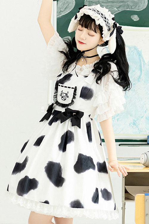 Lolita Jumper Skirt - Cow Pattern Print, White, Sweet Style, Bow Detail, Ruffled - additional product view 3