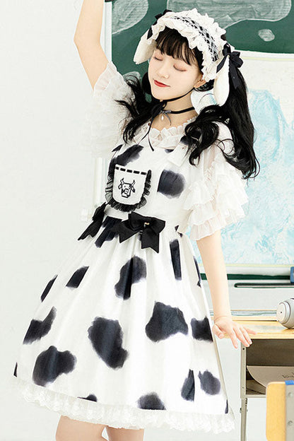 Lolita Jumper Skirt - Cow Pattern Print, White, Sweet Style, Bow Detail, Ruffled - additional product view 3