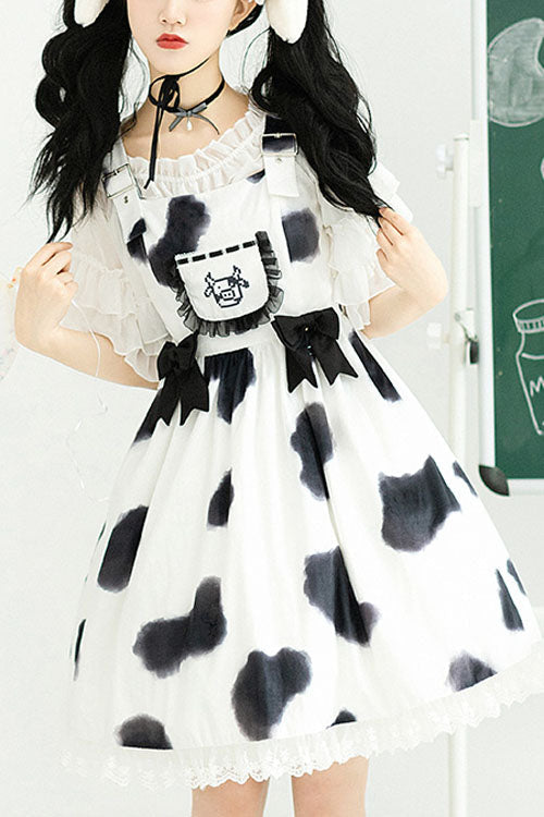 Lolita Jumper Skirt - Cow Pattern Print, White, Sweet Style, Bow Detail, Ruffled - main product image