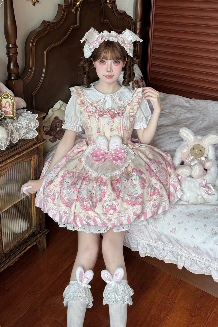Lolita Jumper Skirt - Cream Rabbit Strawberry, 2 Colors, Printed, Sweet Style, Bow Detail - additional product view 2