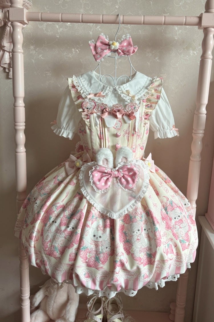 Lolita Jumper Skirt - Cream Rabbit Strawberry, 2 Colors, Printed, Sweet Style, Bow Detail - additional product view 3