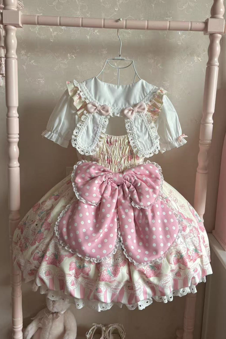 Lolita Jumper Skirt - Cream Rabbit Strawberry, 2 Colors, Printed, Sweet Style, Bow Detail - additional product view 4