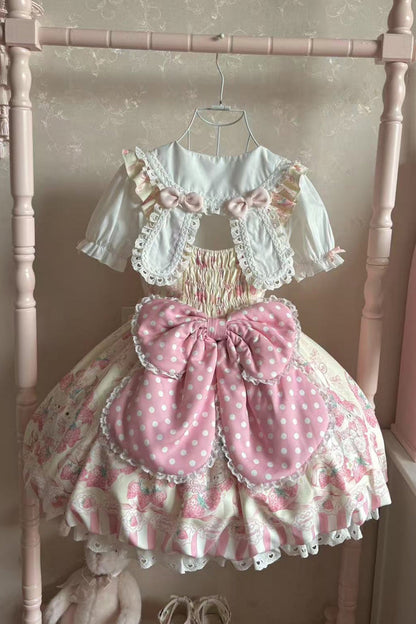 Lolita Jumper Skirt - Cream Rabbit Strawberry, 2 Colors, Printed, Sweet Style, Bow Detail - additional product view 4