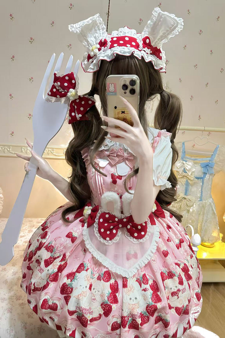 Lolita Jumper Skirt - Cream Rabbit Strawberry, 2 Colors, Printed, Sweet Style, Bow Detail - additional product view 5