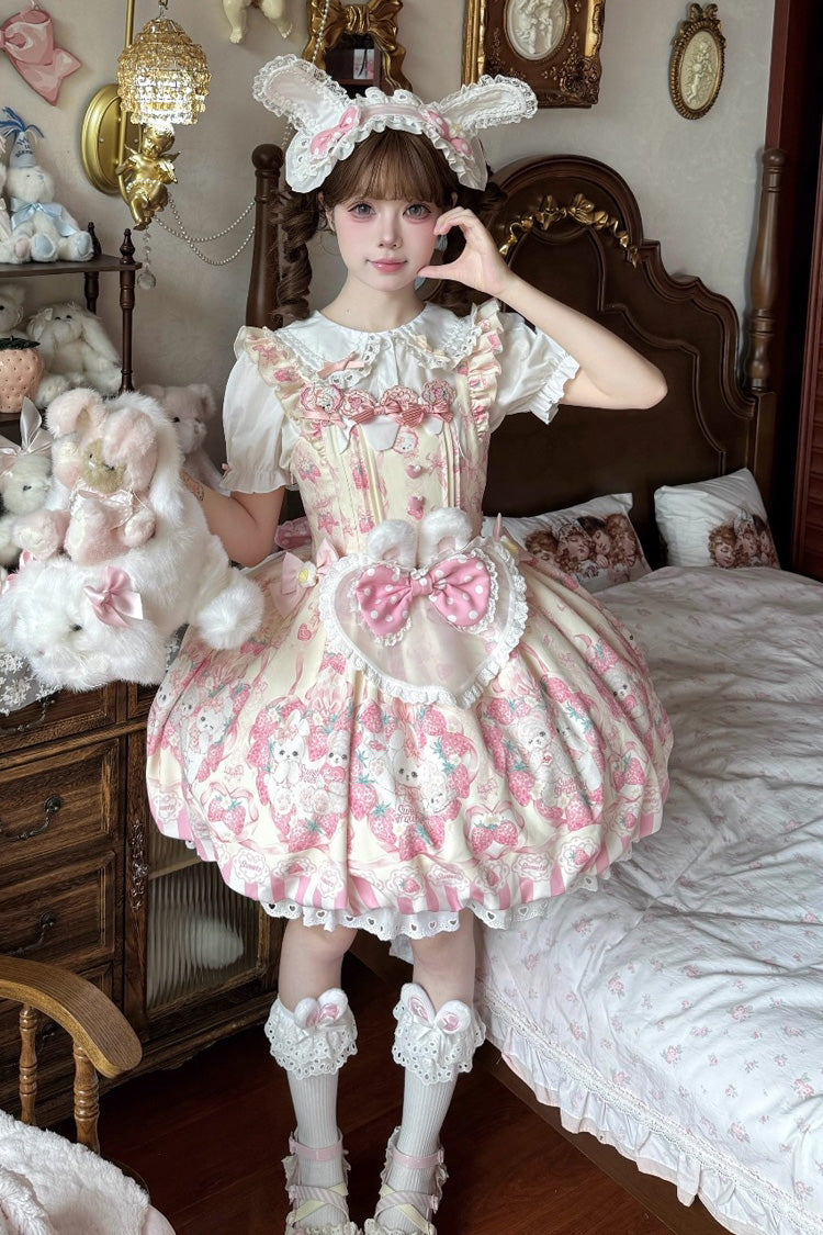 Lolita Jumper Skirt - Cream Rabbit Strawberry, 2 Colors, Printed, Sweet Style, Bow Detail - main product image