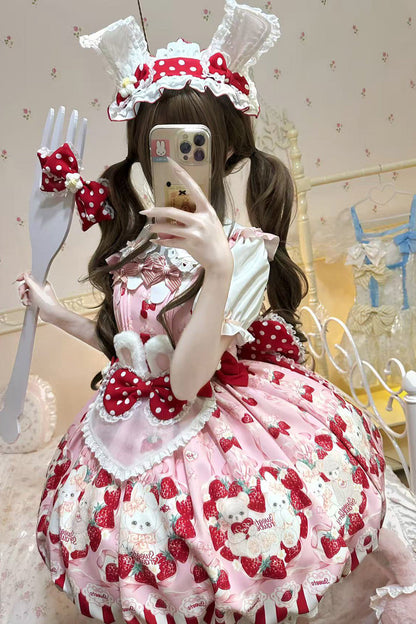 Lolita Jumper Skirt - Cream Rabbit Strawberry, 2 Colors, Printed, Sweet Style, Bow Detail - S Red / M Red / L Red option