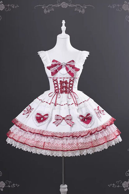 Lolita Jumper Skirt - Crimson Snowberry, 4 Colors, Square Collar, Layered, Lace-Up - S Red/White / M Red/White / L Red/White option