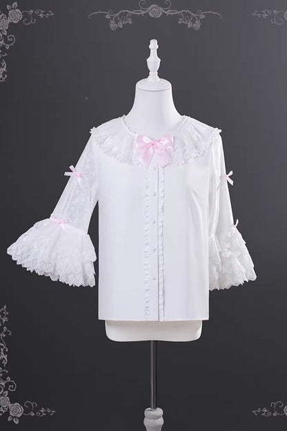 Lolita Jumper Skirt - Crimson Snowberry, 4 Colors, Square Collar, Layered, Lace-Up - S White/Pink-Blouse / M White/Pink-Blouse / L White/Pink-Blouse option