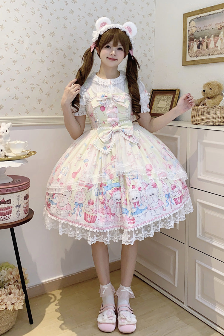 Lolita Jumper Skirt - Cute Rabbit Sweet Cake, Yellow, Ruffled, Printed, Sweet Style - additional product view 3