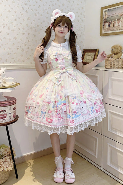 Lolita Jumper Skirt - Cute Rabbit Sweet Cake, Yellow, Ruffled, Printed, Sweet Style - additional product view 3