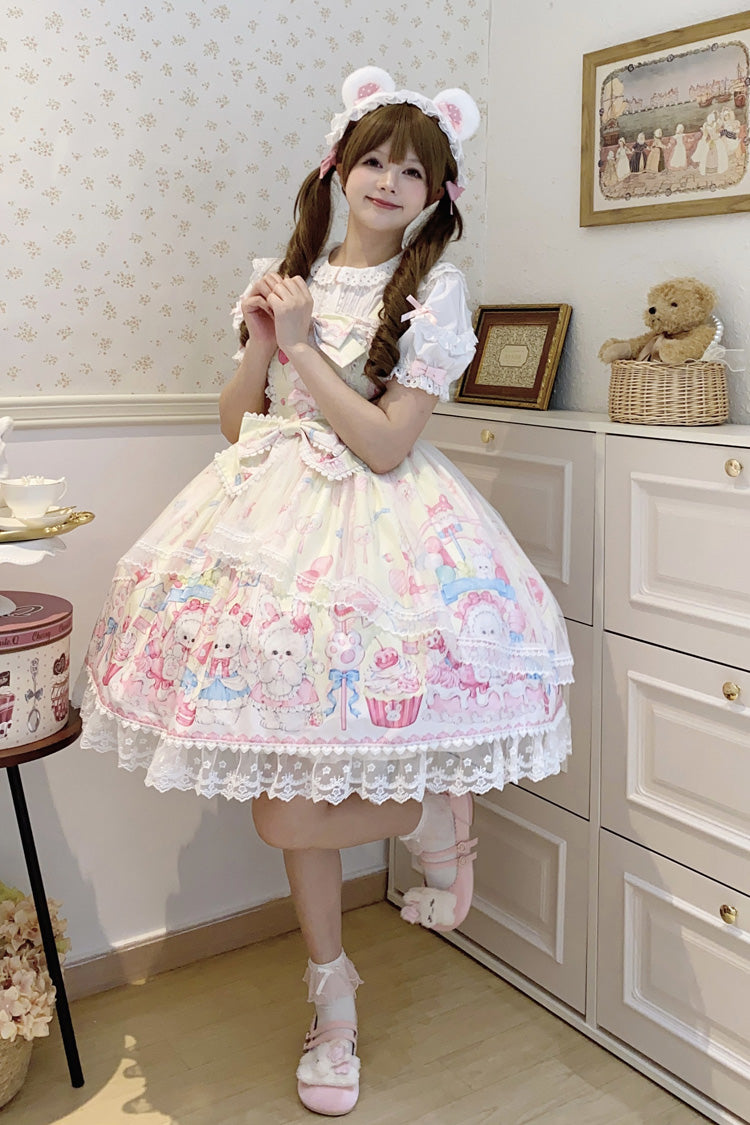Lolita Jumper Skirt - Cute Rabbit Sweet Cake, Yellow, Ruffled, Printed, Sweet Style - additional product view 4