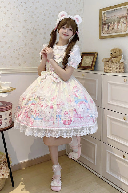 Lolita Jumper Skirt - Cute Rabbit Sweet Cake, Yellow, Ruffled, Printed, Sweet Style - additional product view 4