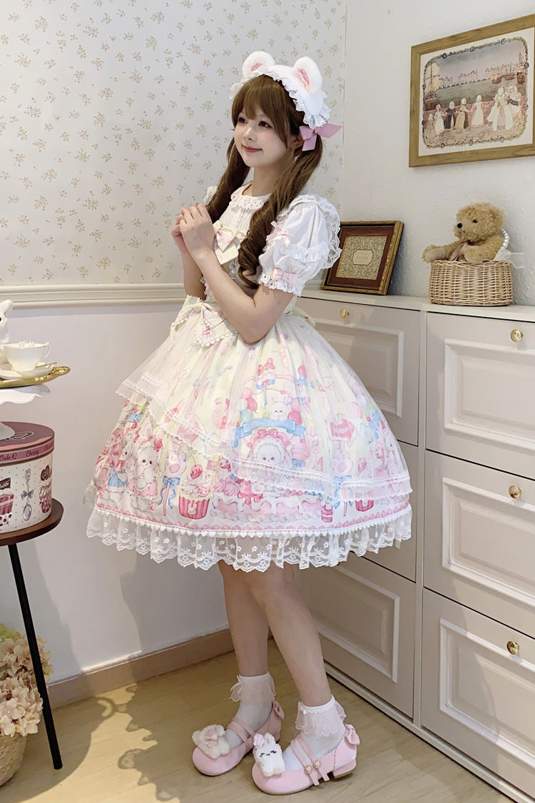Lolita Jumper Skirt - Cute Rabbit Sweet Cake, Yellow, Ruffled, Printed, Sweet Style - additional product view 5