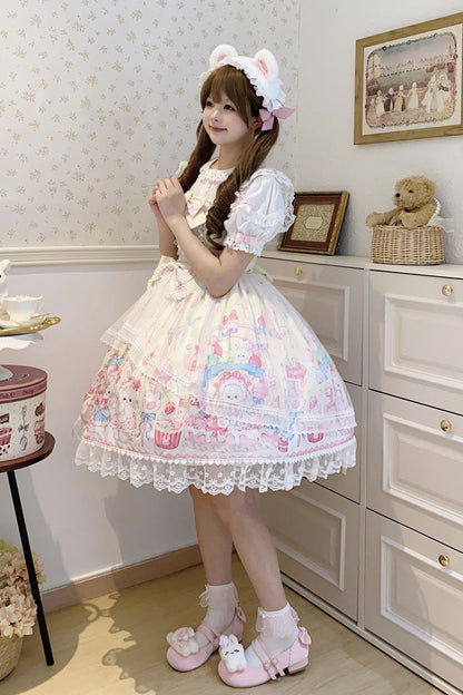 Lolita Jumper Skirt - Cute Rabbit Sweet Cake, Yellow, Ruffled, Printed, Sweet Style - additional product view 5