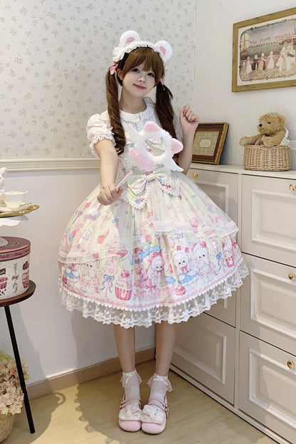 Lolita Jumper Skirt - Cute Rabbit Sweet Cake, Yellow, Ruffled, Printed, Sweet Style - additional product view 7