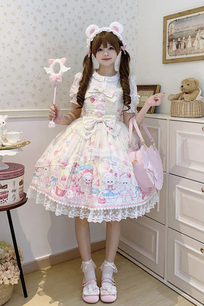 Lolita Jumper Skirt - Cute Rabbit Sweet Cake, Yellow, Ruffled, Printed, Sweet Style - additional product view 8