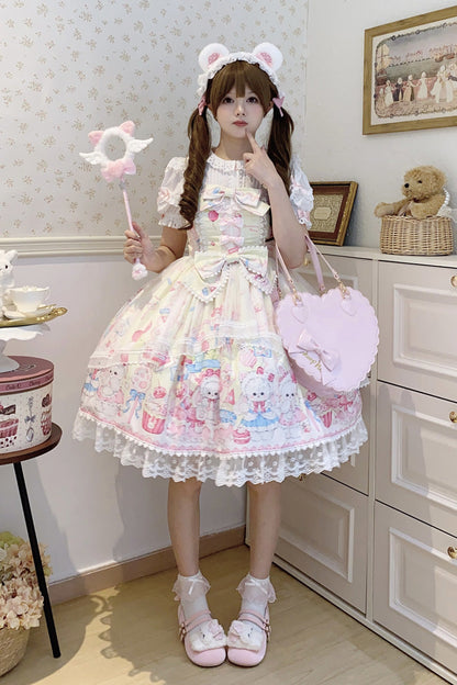 Lolita Jumper Skirt - Cute Rabbit Sweet Cake, Yellow, Ruffled, Printed, Sweet Style - additional product view 9
