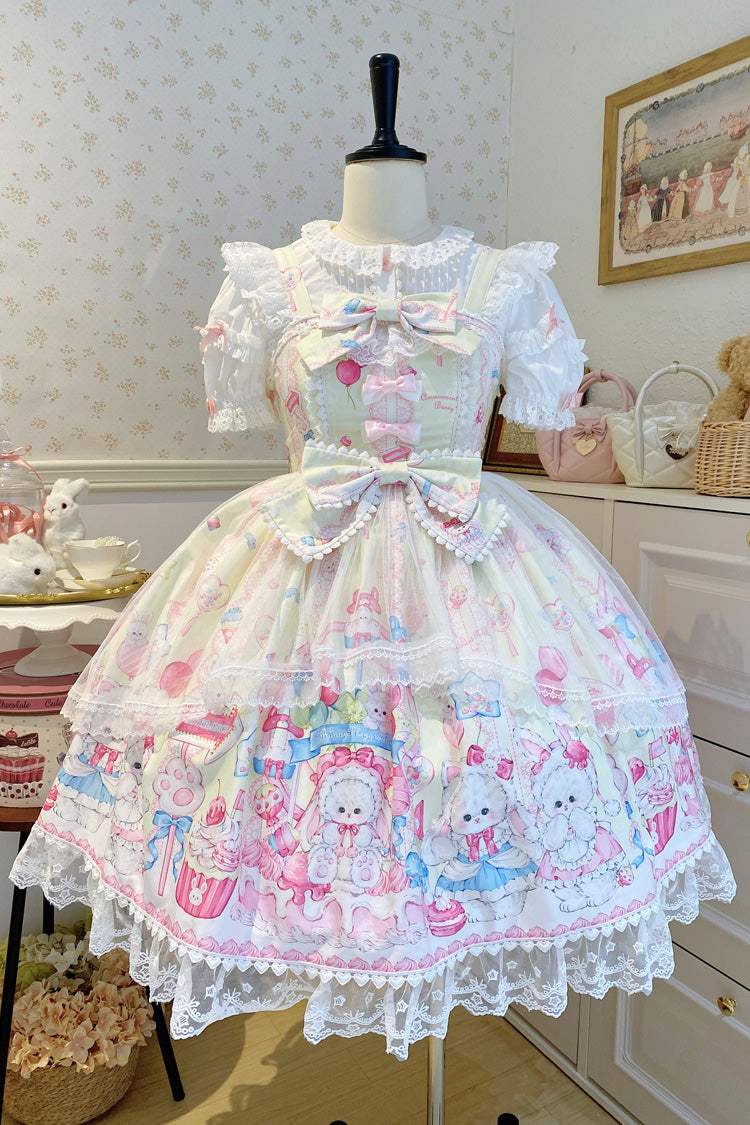Lolita Jumper Skirt - Cute Rabbit Sweet Cake, Yellow, Ruffled, Printed, Sweet Style - main product image
