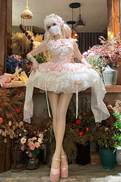 Lolita Jumper Skirt - Dance Of Time, Pink, Bow Detail, Lace Trim, Ruffled - main product image