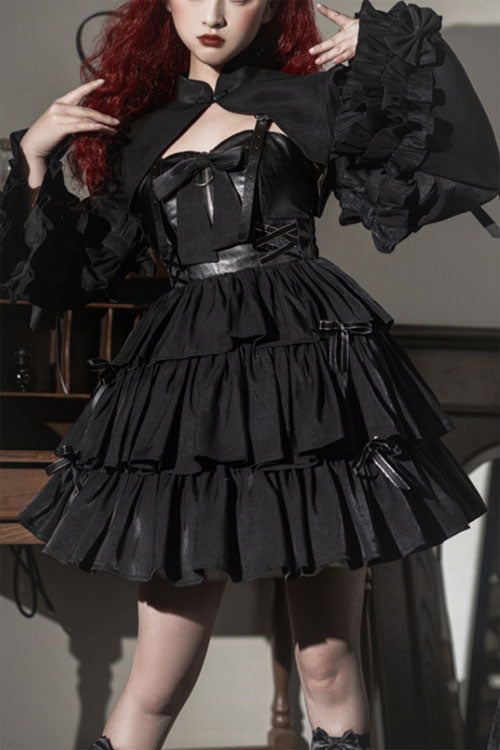 Lolita Jumper Skirt - Dawn And Dusk Black, Black, Bow Detail, Ruffled, Layered - main product image