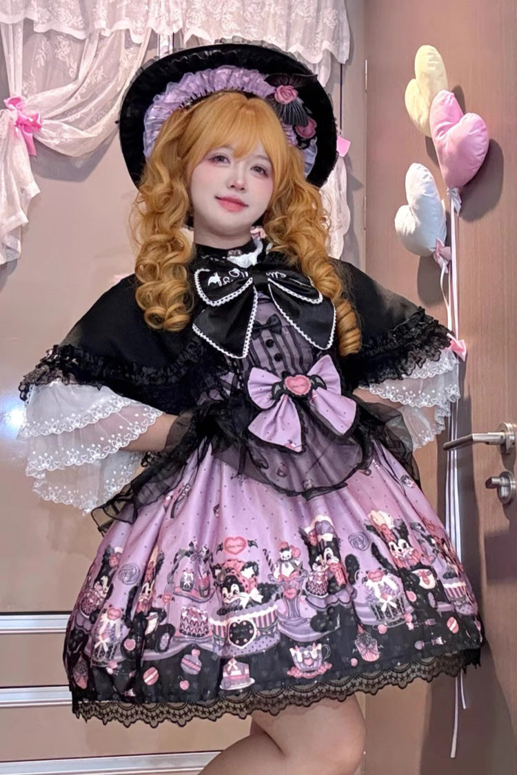 Lolita Jumper Skirt - Devil Cat, Purple, Plus Size, Bow Detail, Lace Trim - main product image