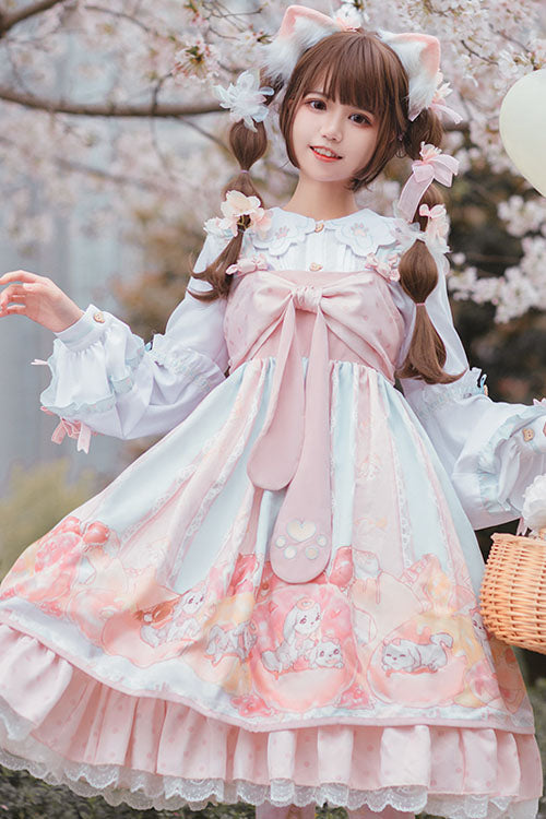 Lolita Jumper Skirt - Dog Donuts Print, Pink, Sweet Style, Bow Detail, Ruffled - additional product view 2