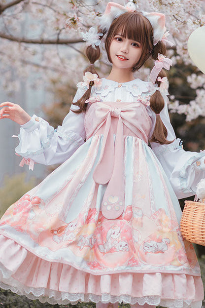 Lolita Jumper Skirt - Dog Donuts Print, Pink, Sweet Style, Bow Detail, Ruffled - additional product view 2