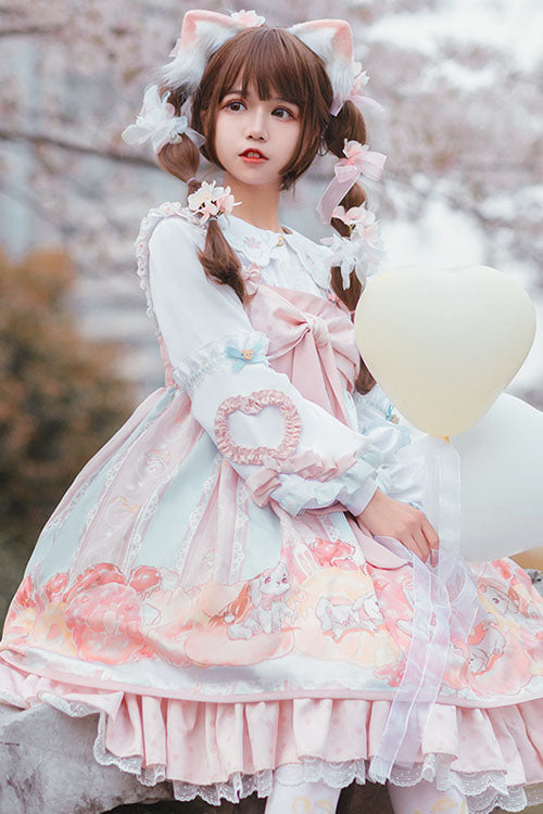 Lolita Jumper Skirt - Dog Donuts Print, Pink, Sweet Style, Bow Detail, Ruffled - additional product view 3