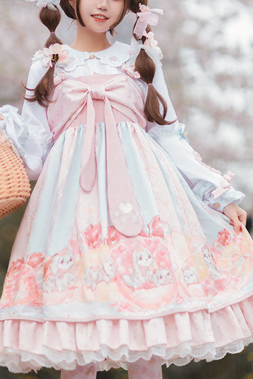 Lolita Jumper Skirt - Dog Donuts Print, Pink, Sweet Style, Bow Detail, Ruffled - main product image