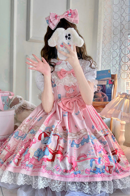 Lolita Jumper Skirt - Doll Playground Print, Pink, Printed, Sweet Style, Bow Detail - additional product view 6