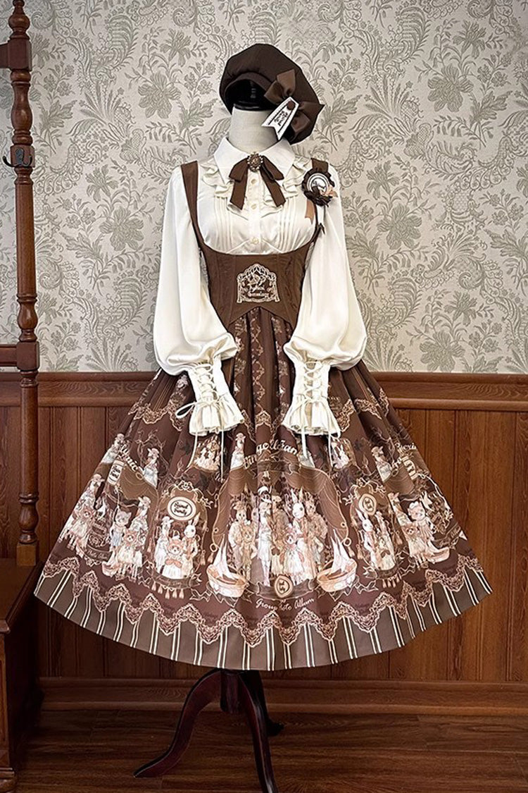 Lolita Jumper Skirt - Doll's House Print, 2 Colors, Long Version, Long Length, Ruffled - XS Brown / S Brown / M Brown option