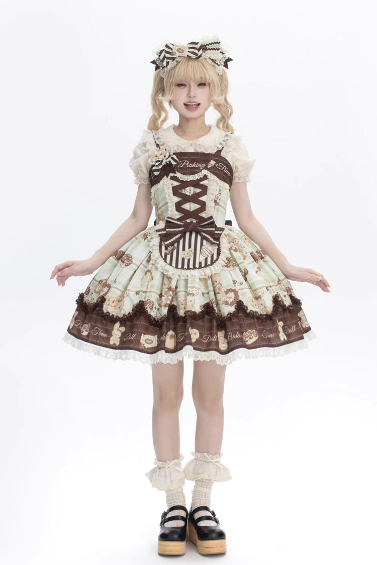 Lolita Jumper Skirt - Doll Tea Party, 3 Colors, Bow Detail, Lace Trim, Ruffled - S Green/Brown / M Green/Brown / L Green/Brown option