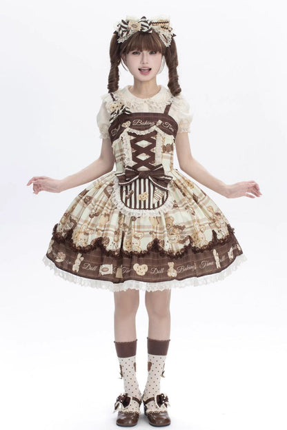 Lolita Jumper Skirt - Doll Tea Party, 3 Colors, Bow Detail, Lace Trim, Ruffled - S Khaki/Brown / M Khaki/Brown / L Khaki/Brown option