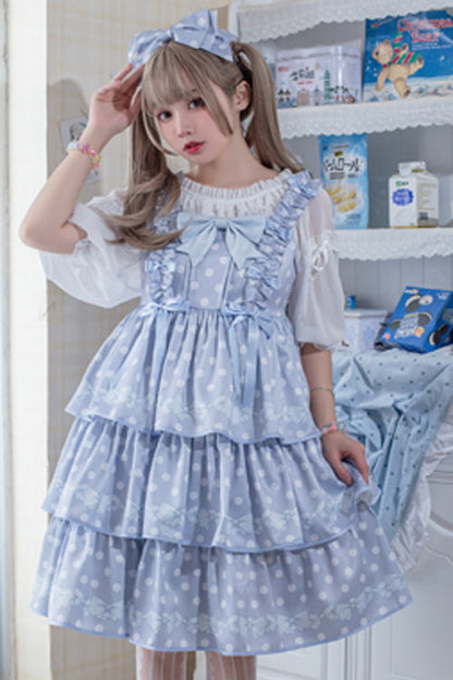Lolita Jumper Skirt - Dot Print Multi-layer, 2 Colors, Ruffled, Printed, Sweet Style - S Blue / M Blue / L Blue option