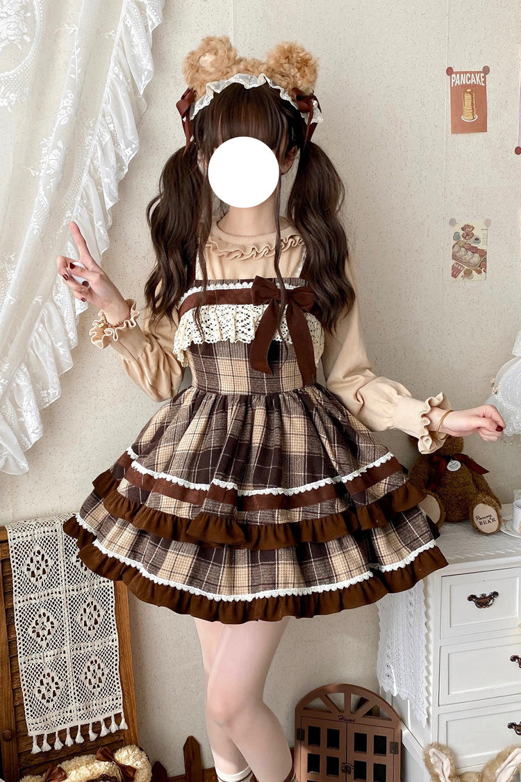 Lolita Jumper Skirt - Double-layered Plaid Print, Brown, Plaid, Sweet Style, Bow Detail - additional product view 2