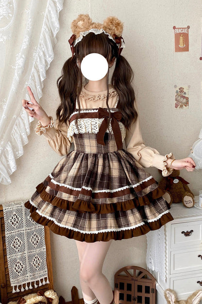 Lolita Jumper Skirt - Double-layered Plaid Print, Brown, Plaid, Sweet Style, Bow Detail - additional product view 2