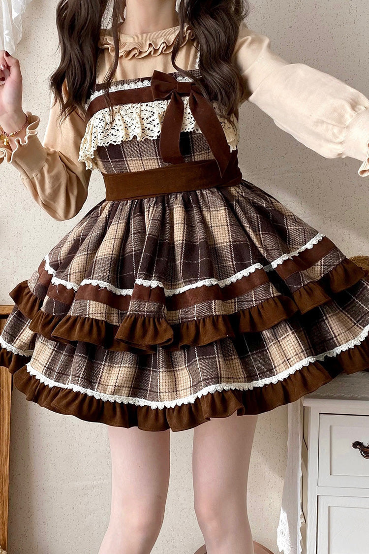 Lolita Jumper Skirt - Double-layered Plaid Print, Brown, Plaid, Sweet Style, Bow Detail - additional product view 3