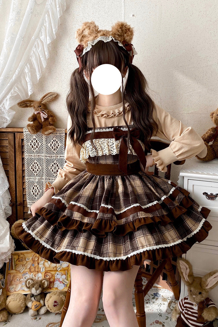 Lolita Jumper Skirt - Double-layered Plaid Print, Brown, Plaid, Sweet Style, Bow Detail - additional product view 5
