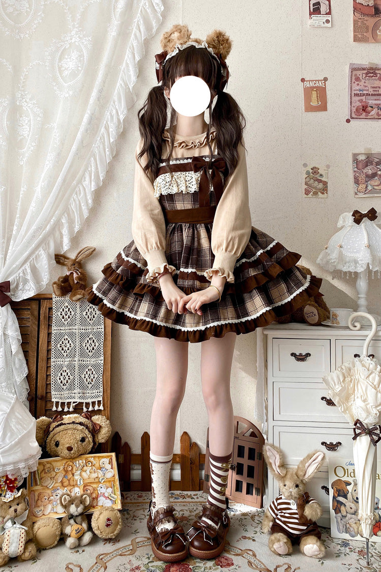 Lolita Jumper Skirt - Double-layered Plaid Print, Brown, Plaid, Sweet Style, Bow Detail - additional product view 6