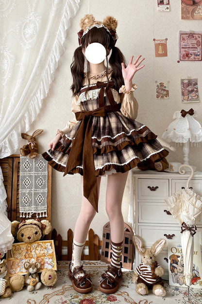 Lolita Jumper Skirt - Double-layered Plaid Print, Brown, Plaid, Sweet Style, Bow Detail - additional product view 7