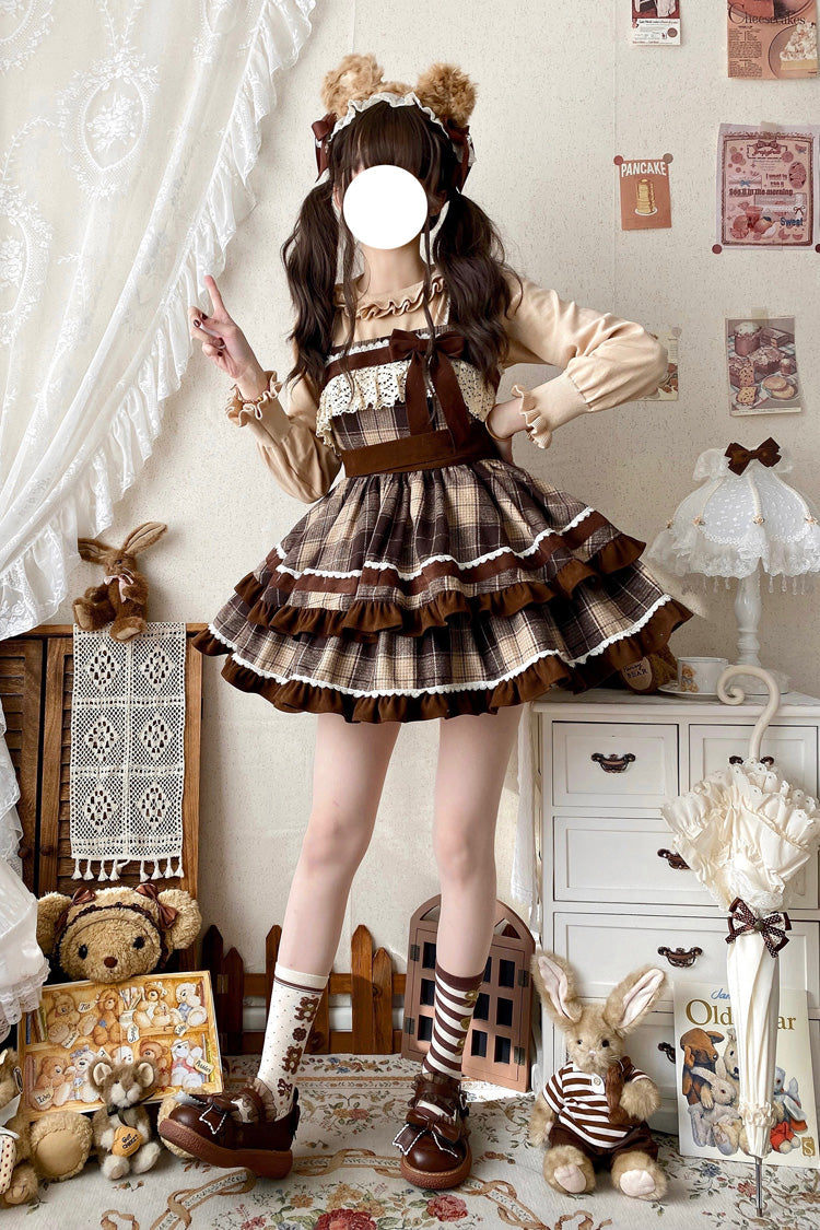 Lolita Jumper Skirt - Double-layered Plaid Print, Brown, Plaid, Sweet Style, Bow Detail - additional product view 8