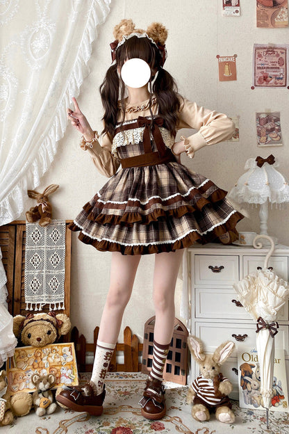 Lolita Jumper Skirt - Double-layered Plaid Print, Brown, Plaid, Sweet Style, Bow Detail - additional product view 8