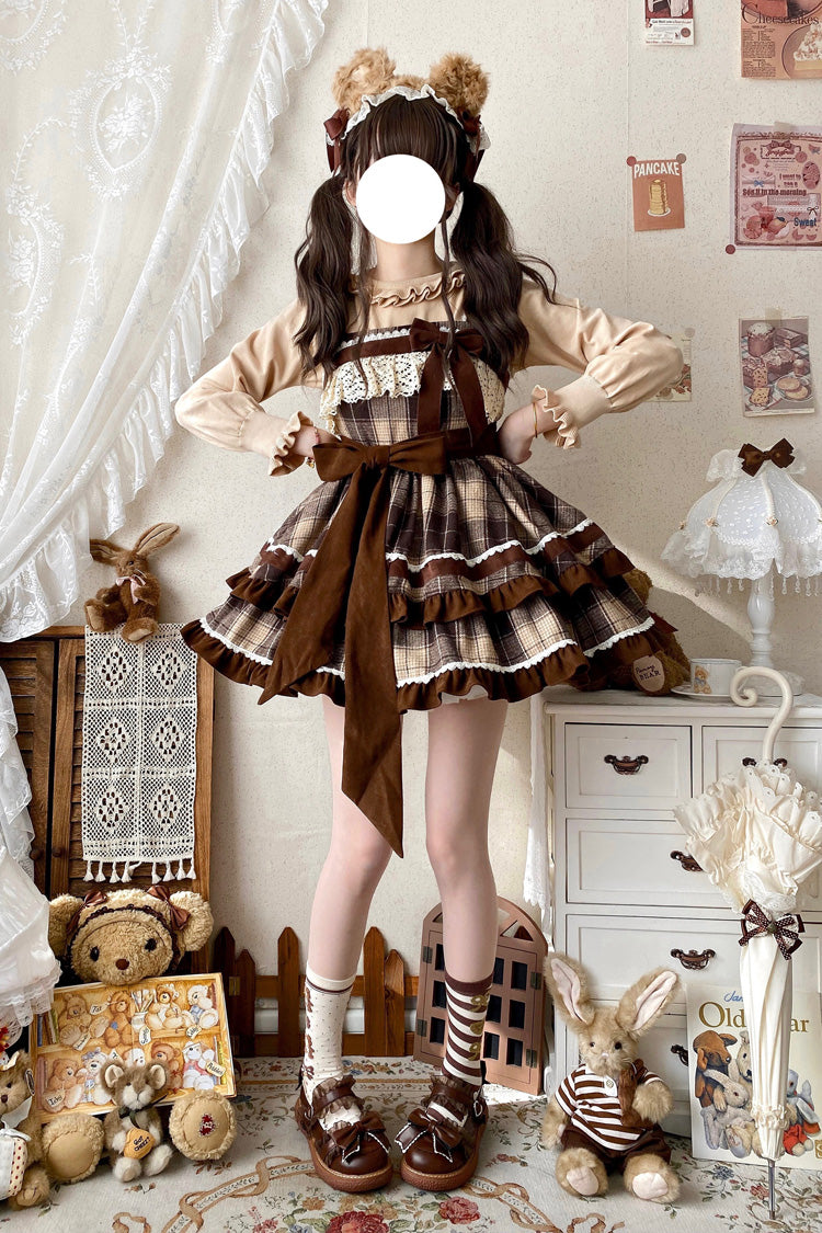 Lolita Jumper Skirt - Double-layered Plaid Print, Brown, Plaid, Sweet Style, Bow Detail - additional product view 9