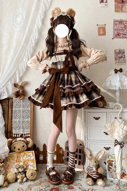 Lolita Jumper Skirt - Double-layered Plaid Print, Brown, Plaid, Sweet Style, Bow Detail - additional product view 9