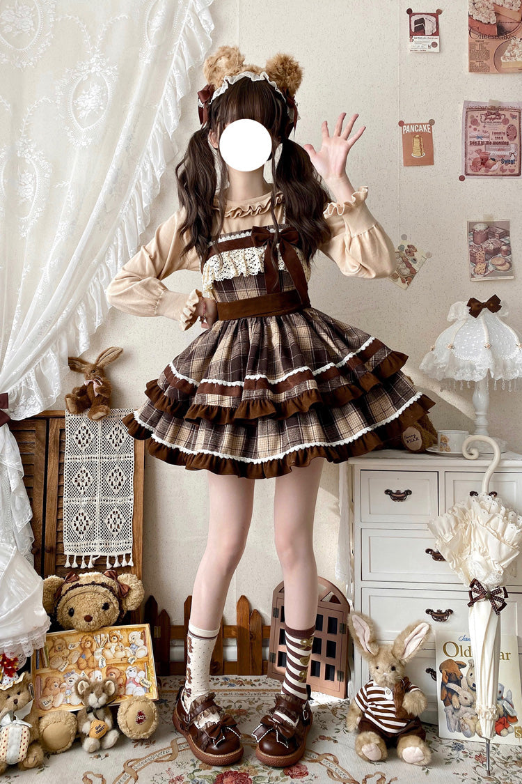 Lolita Jumper Skirt - Double-layered Plaid Print, Brown, Plaid, Sweet Style, Bow Detail - additional product view 10