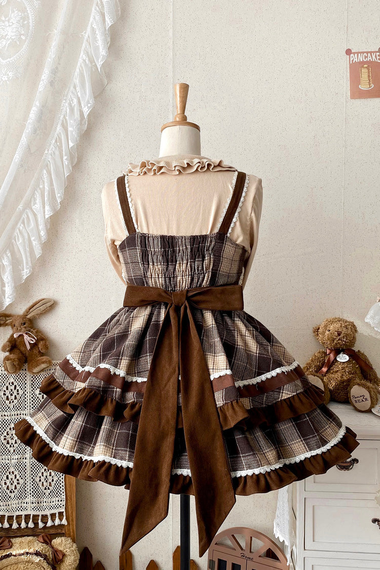 Lolita Jumper Skirt - Double-layered Plaid Print, Brown, Plaid, Sweet Style, Bow Detail - additional product view 11