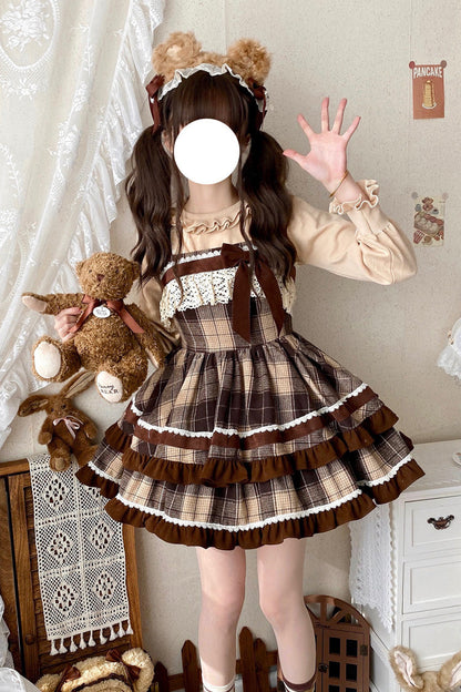 Lolita Jumper Skirt - Double-layered Plaid Print, Brown, Plaid, Sweet Style, Bow Detail - main product image