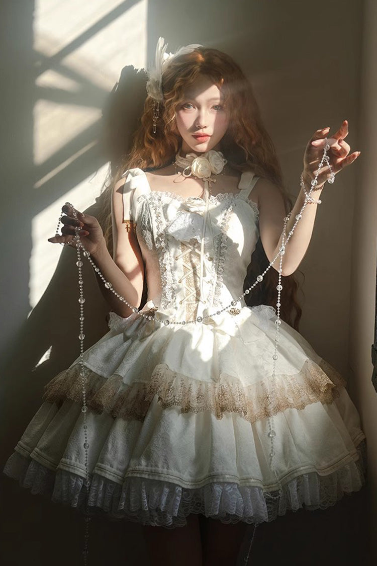 Lolita Jumper Skirt - Double-layered, White, Ballet-Inspired Style, Lace Trim, Ruffled - main product image