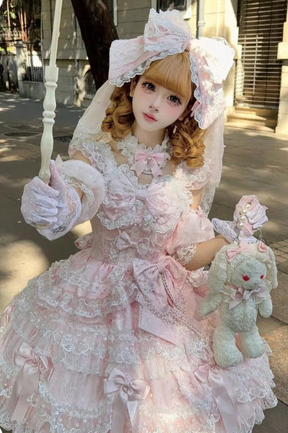 Lolita Jumper Skirt - Dream Of The Misty Moon, Pink, Bow Detail, Lace Trim, Ruffled - additional product view 2