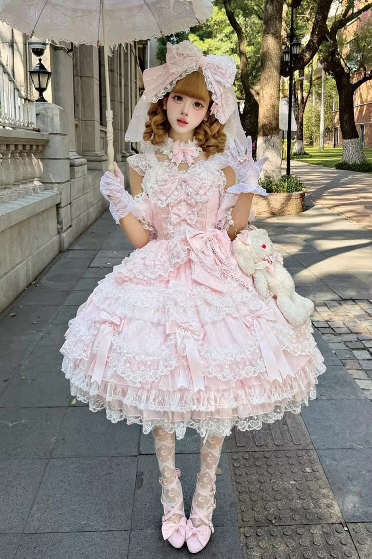 Lolita Jumper Skirt - Dream Of The Misty Moon, Pink, Bow Detail, Lace Trim, Ruffled - additional product view 3